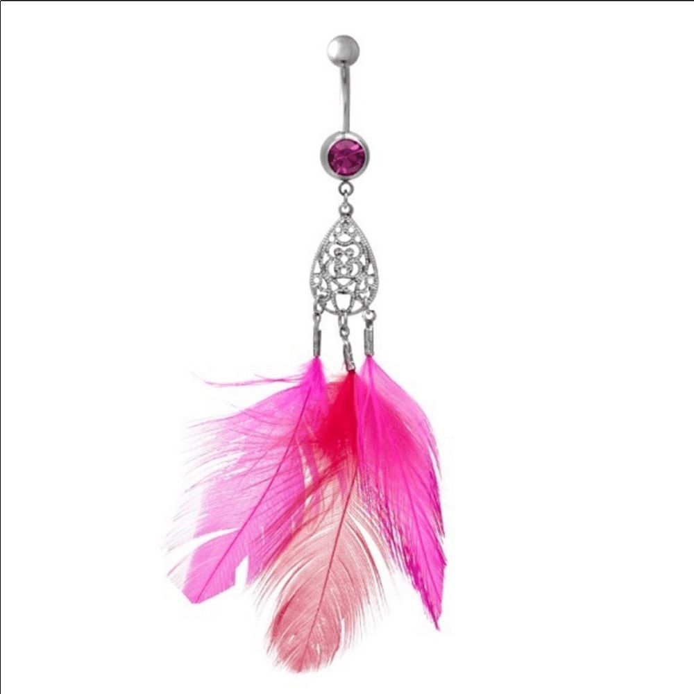 Body Vibe Triple Feather Teardrop Dangle Pink Gem Navel Ring
